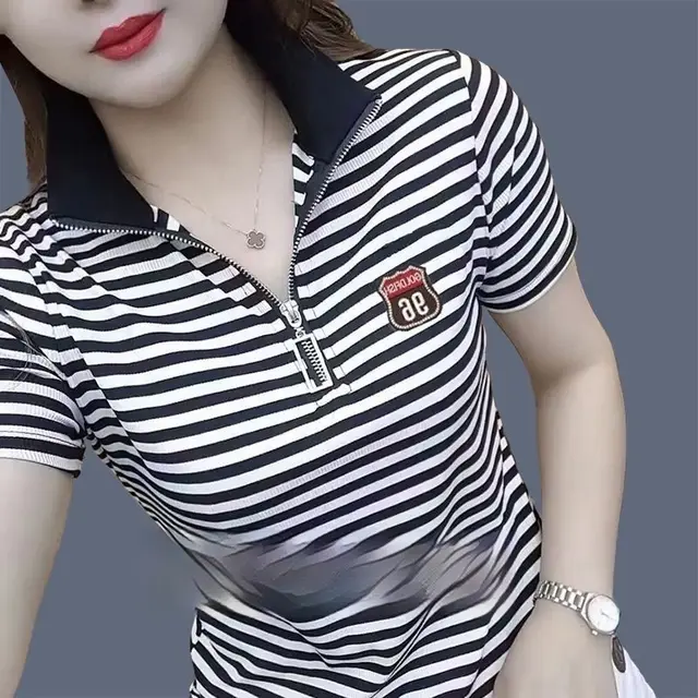 Letter Embroidery Stand up Collar Short sleeved T shirt Shoulder Black Collar - Shop at LoveMi