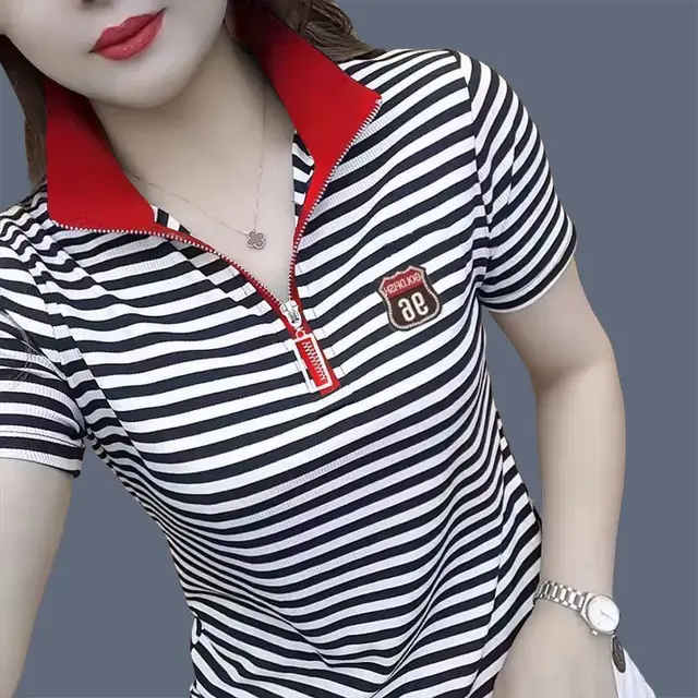 Letter Embroidery Stand up Collar Short sleeved T shirt Shoulder Red Collar - Shop at LoveMi