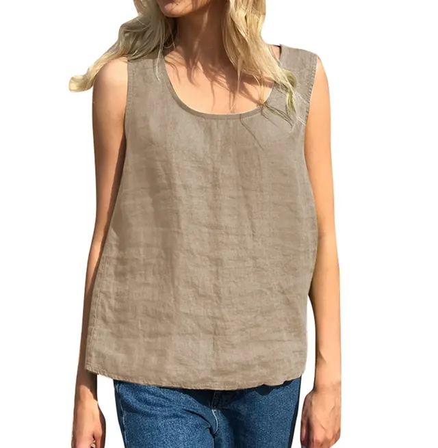 Women's Cotton And Linen Solid Color Sleeveless Top T Camisole Apricot - Shop at LoveMi