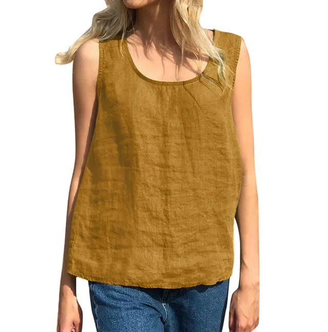 Women's Cotton And Linen Solid Color Sleeveless Top T Camisole Khaki - Shop at LoveMi