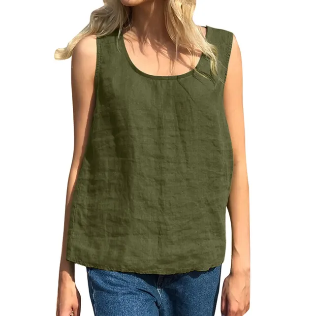 Women's Cotton And Linen Solid Color Sleeveless Top T Camisole Olive Green - Shop at LoveMi