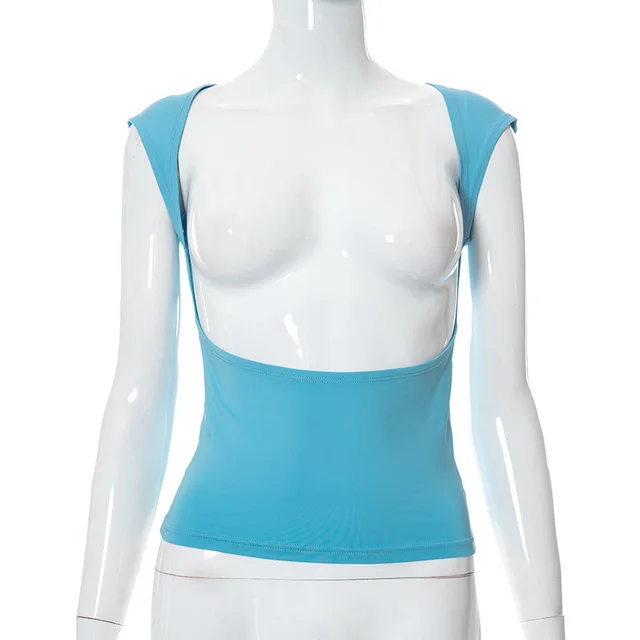 Solid Color Casual Hollow Backless Reverse Slim Top Blue - Shop at LoveMi
