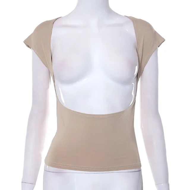 Solid Color Casual Hollow Backless Reverse Slim Top Khaki - Shop at LoveMi