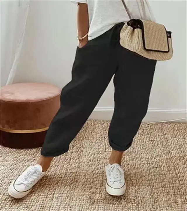 Cotton Linen Elastic waist Cropped Pants Casual Women's Pants Black - Shop at LoveMi