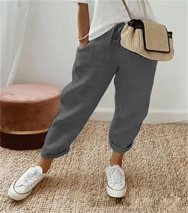Cotton Linen Elastic waist Cropped Pants Casual Women's Pants Dark Gray - Shop at LoveMi