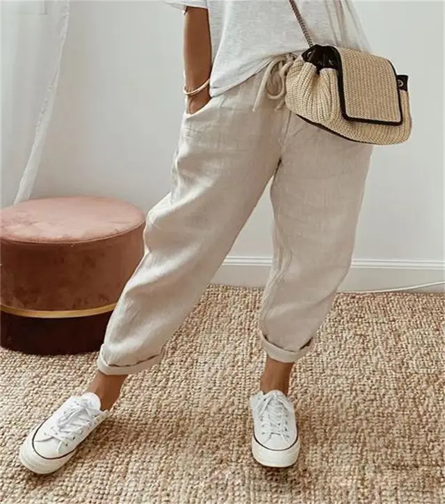 Cotton Linen Elastic waist Cropped Pants Casual Women's Pants Khaki - Shop at LoveMi