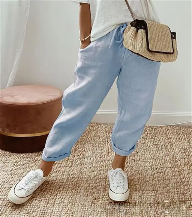 Cotton Linen Elastic waist Cropped Pants Casual Women's Pants Sky Blue - Shop at LoveMi