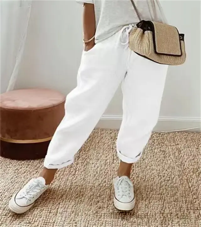 Cotton Linen Elastic waist Cropped Pants Casual Women's Pants White - Shop at LoveMi