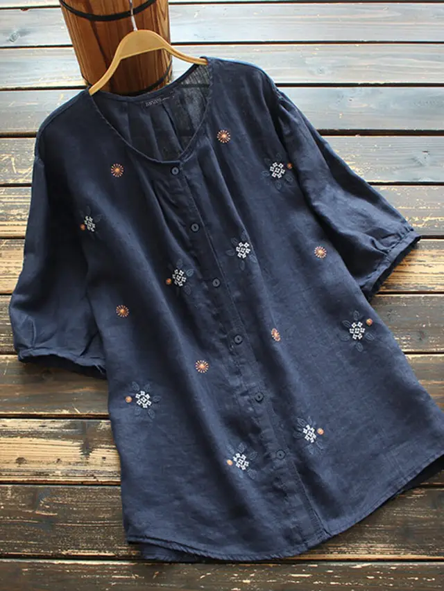 European And American Embroidered Crew Neck Button Short Sleeve Navy Blue - Shop at LoveMi