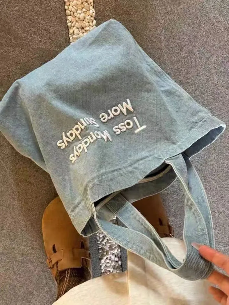 Embroidered Jean Bag Fashion All match Class Commuter Bag Retro American Shoulder Hand held Tote Blue - Shop at LoveMi
