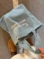 Embroidered Jean Bag Fashion All-match Class Commuter Bag Retro American Shoulder Hand-held Tote - Blue