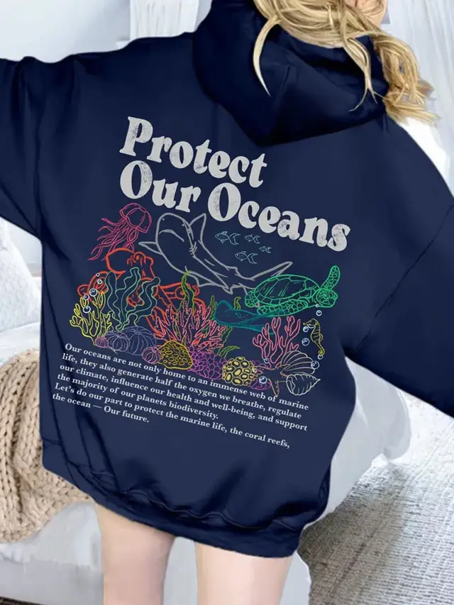Sweater Women's Loose Protect Our Oceans Hoodie Navy Blue - Shop at LoveMi