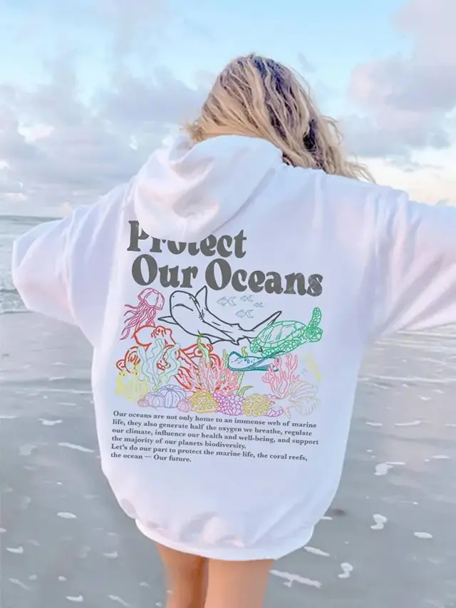 Sweater Women's Loose Protect Our Oceans Hoodie White - Shop at LoveMi