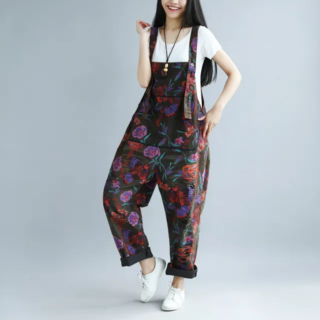 Print Distressed Big Crotch Ripped Pastoral Style Suspender Pants - Shop at LoveMi