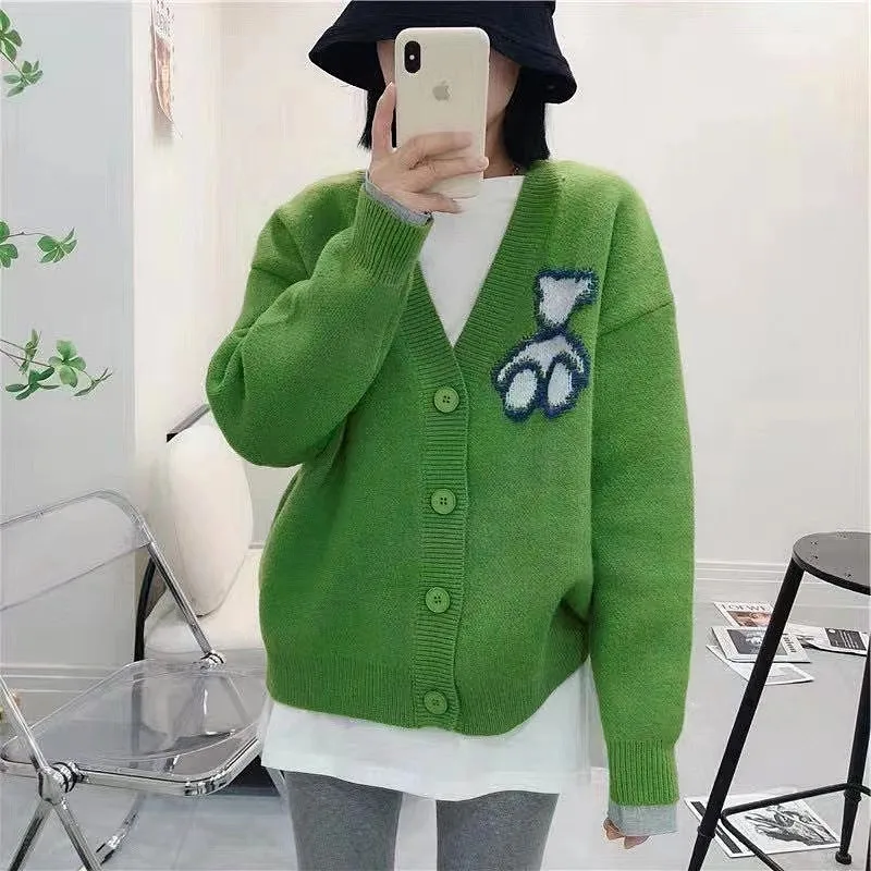 Western Style Idle Style Bear Pattern Sweater For Outer Wear - Green