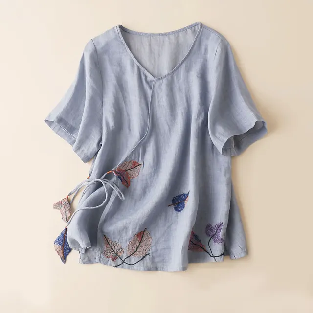 Retro Artistic Ramie Top Embroidery Tie neck Loose Slimming Diagonal Light Blue - Shop at LoveMi
