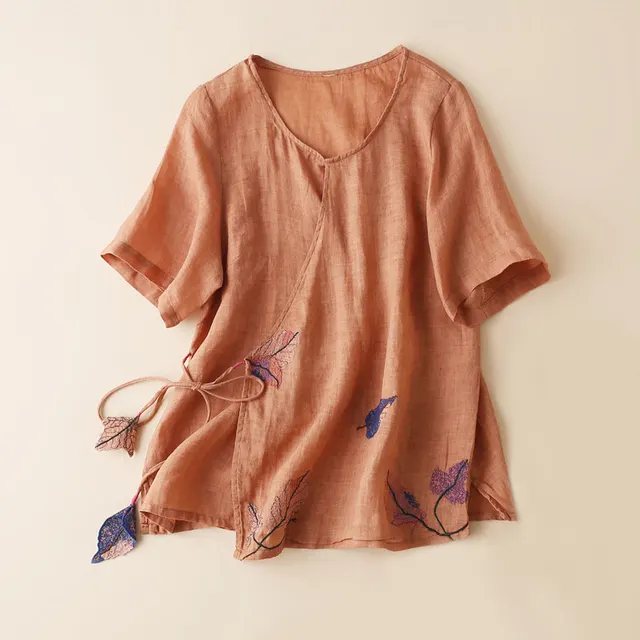 Retro Artistic Ramie Top Embroidery Tie neck Loose Slimming Diagonal Orange Red - Shop at LoveMi