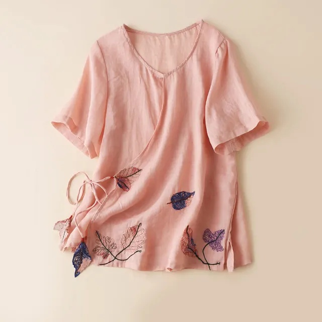 Retro Artistic Ramie Top Embroidery Tie neck Loose Slimming Diagonal Pink - Shop at LoveMi