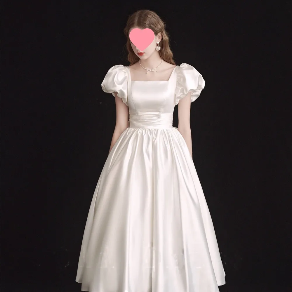 French Light Wedding Dress Satin Vintage Trip Shoot Bridal Gown Dress - White