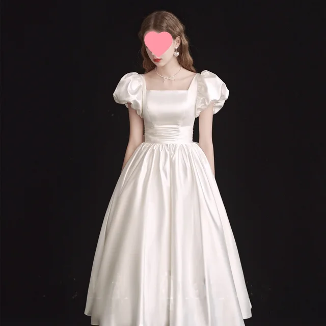 French Light Wedding Dress Satin Vintage Trip Shoot Bridal Gown Dress White - Shop at LoveMi