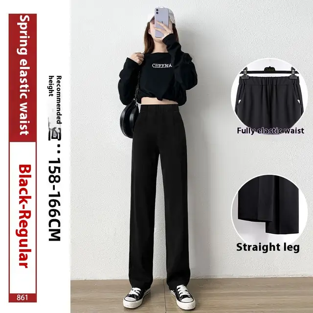 High Waist Drooping Straight Mopping Pants Black Wide Leg Pants Elastic Waist Black Regular - Shop at LoveMi