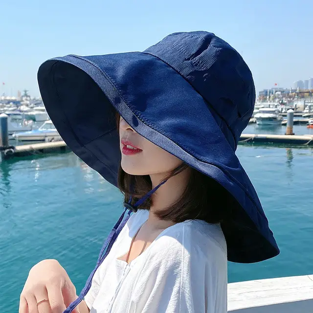Wide Brim Neck Protection Protection Hat Female UV Protection Outdoor Big Brim Sun Hat Navy Blue - Shop at LoveMi
