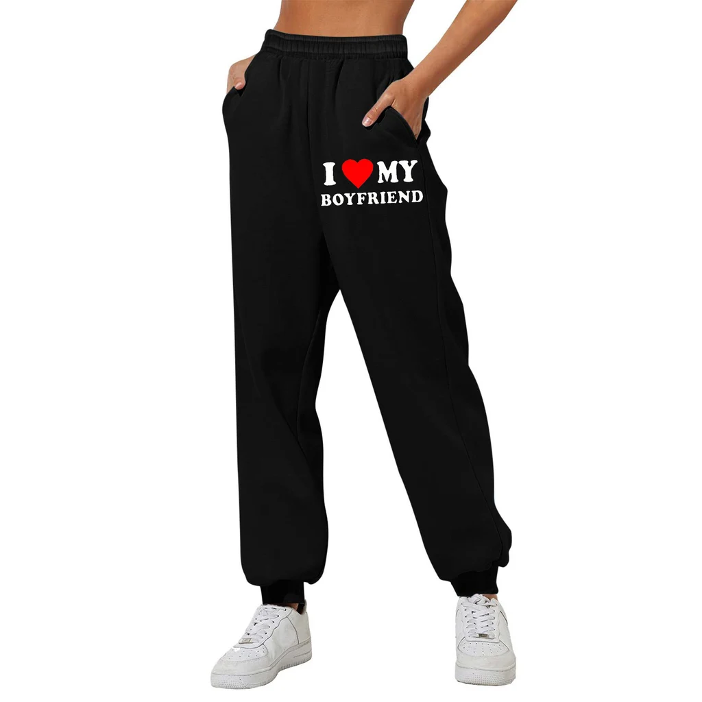 Casual Solid Color Running Track Pants - Black Front Print
