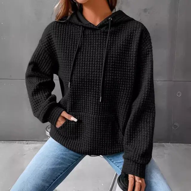 Small Plaid Pocket Long Sleeved Solid Color Top Hoodie Black - Shop at LoveMi