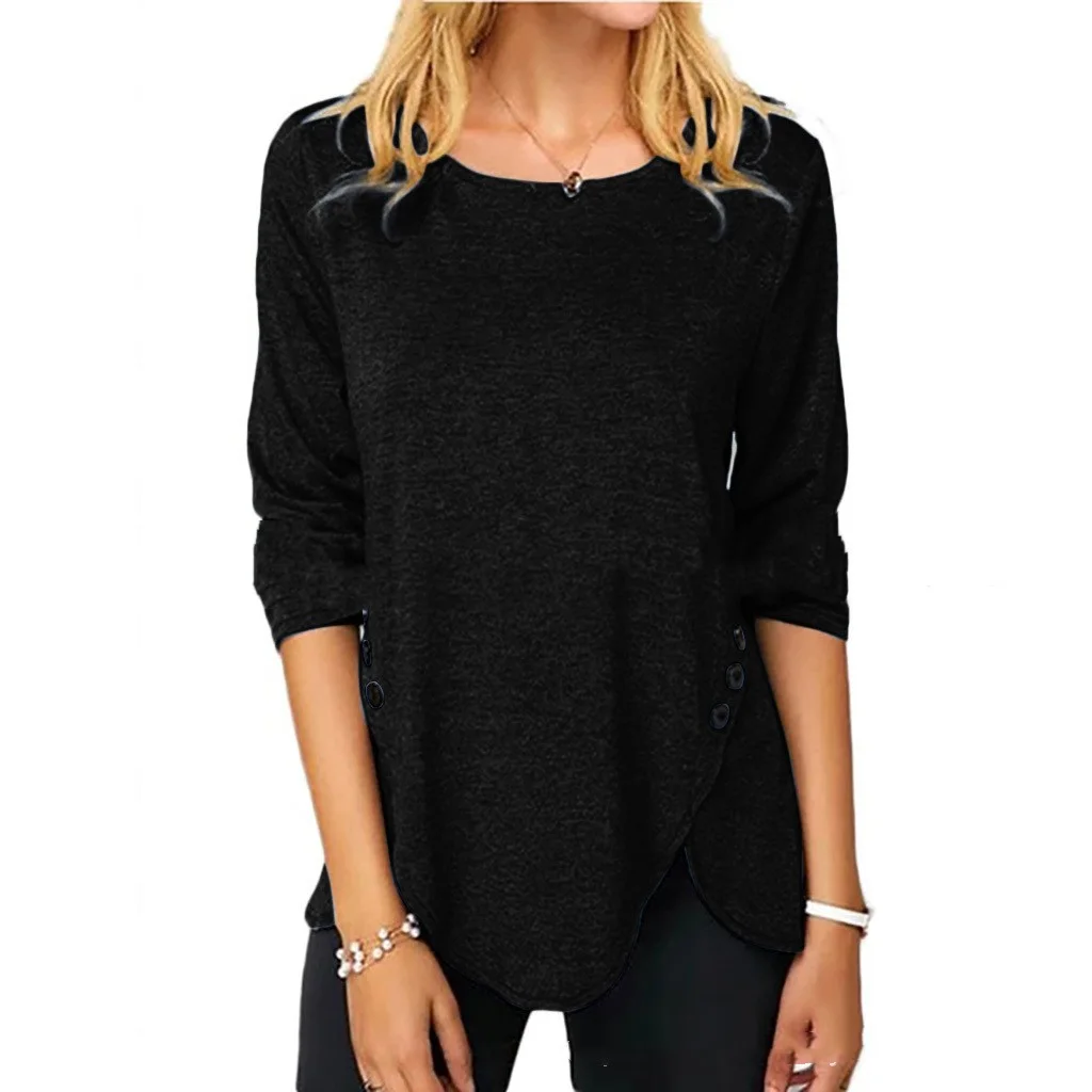 Irregular Button Hem Long Sleeved Round Neck Oversized T-shirt - Black