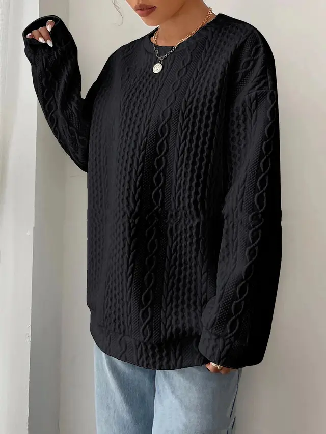 Women's Casual Jacquard Oversized Round Neck Hoodie Black - Shop at LoveMi