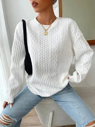 Women's Casual Jacquard Oversized Round Neck Hoodie - White