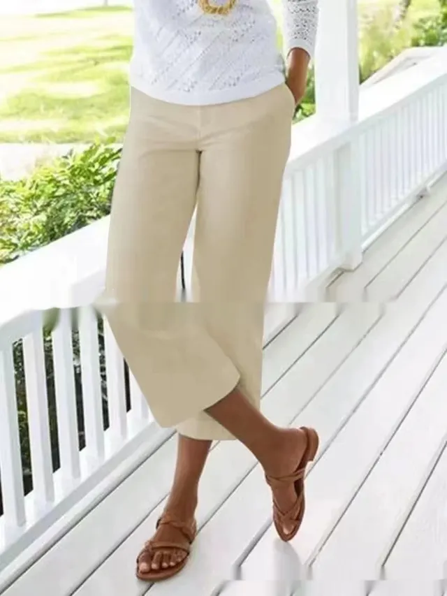 Women's Slub Cotton Linen Elastic waist Casual Pants Khaki - Shop at LoveMi