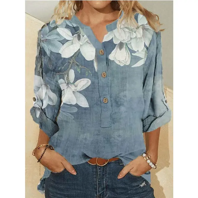 Female Flower Print Long Sleeve Shirt Top Blue - Shop at LoveMi