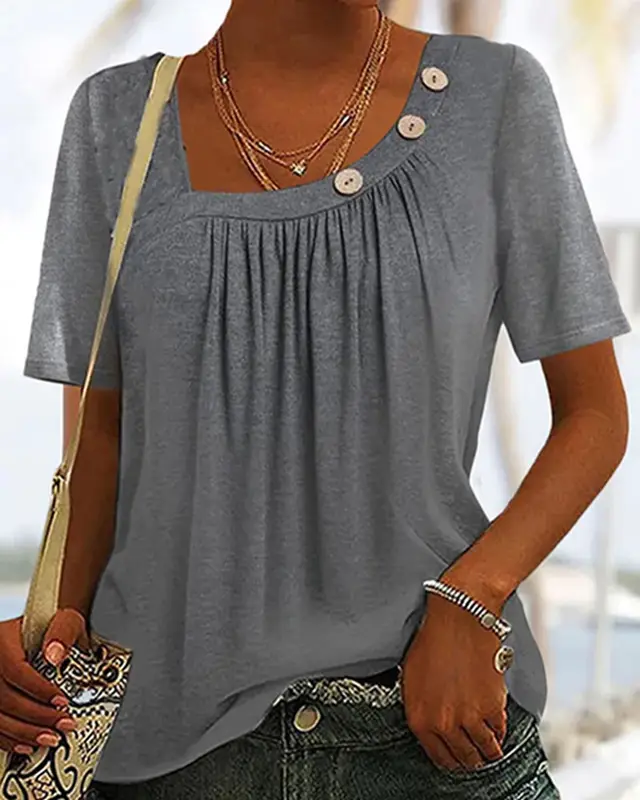 European And American Fashion Solid Color Buttons Round Neck Short Sleeve Gray - Shop at LoveMi