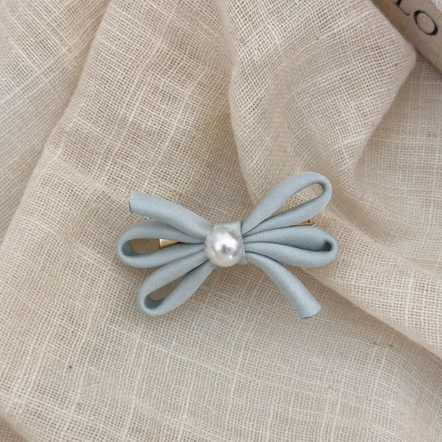 Side Clip Bangs Pearl Bow A Pair Of Hairclips Duckbill Clip Blue Bow - Shop at LoveMi