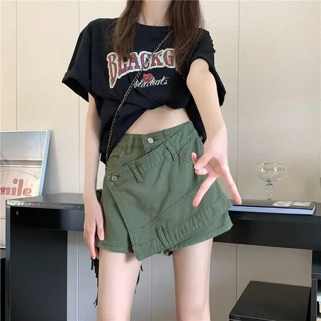 Women's Fashion Irregular High Waist Denim Short Pantskirt Army Green - Shop at LoveMi