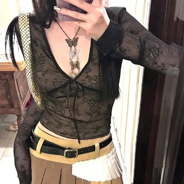 Retro Design Niche V neck Bow Lace Shirt For Women Cinched Slimming Pullover Black - Shop at LoveMi