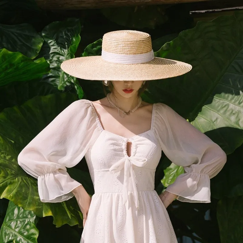 Seaside Sunshade Beach Super Large Brim Flat Top Straw Sun Hat - Beige