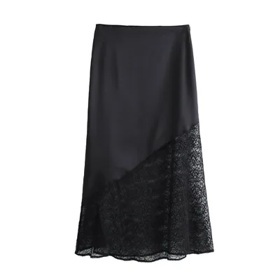 European And American Style Lace Stitching Silk Satin Texture Midi Dress Picture Color Xs - Shop at LoveMi