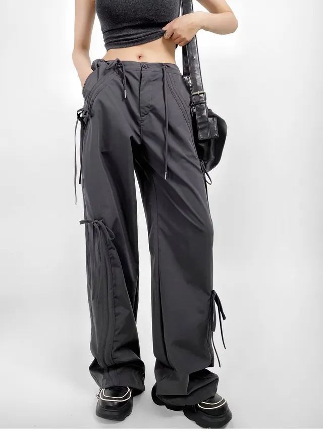 Ladies Bow Strap Overalls Drawstring Dark Gray - Shop at LoveMi