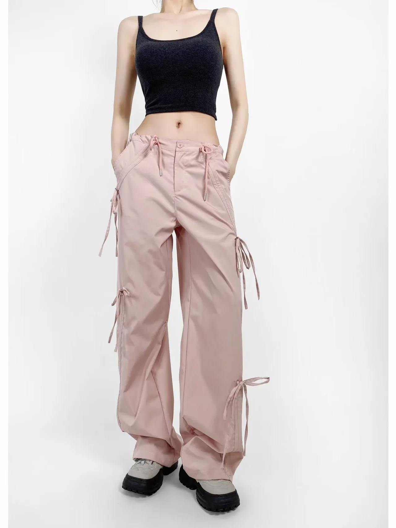 Ladies Bow Strap Overalls Drawstring - Pink