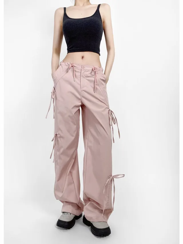 Ladies Bow Strap Overalls Drawstring Pink - Shop at LoveMi