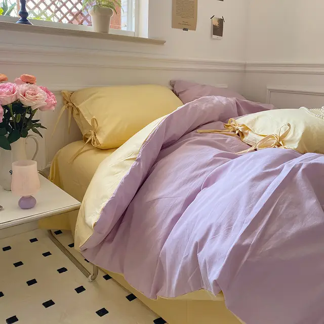 All Cotton Washed Cotton Four piece Set Soft Comfortable Bow Bedding Girl Custard Purple - Shop at LoveMi