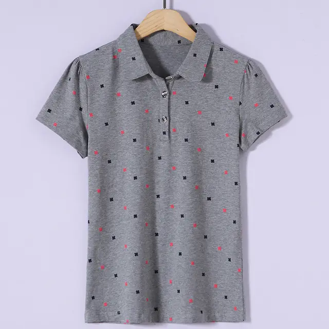 Women's Springsummer Lapel Print All match Polo Shirt Gray - Shop at LoveMi