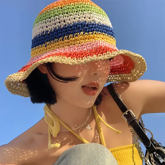 Rainbow Straw Bucket Hat Women's Summer Breathable Sun proof Sun Protection Beige Edge - Shop at LoveMi