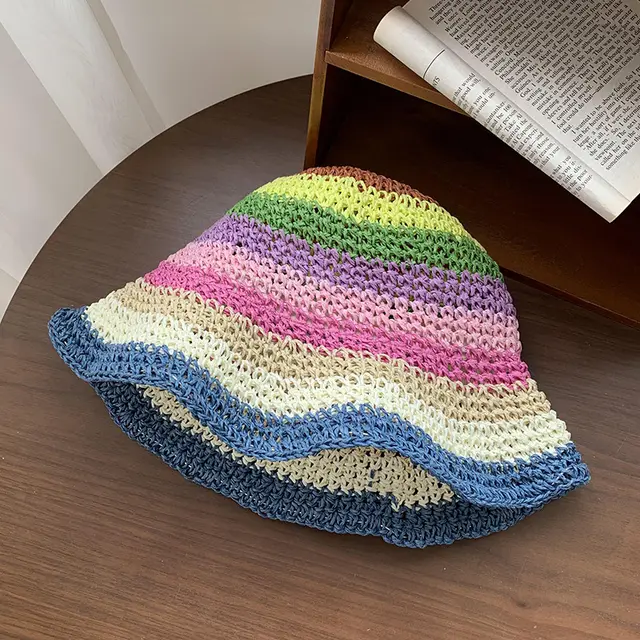 Rainbow Straw Bucket Hat Women's Summer Breathable Sun proof Sun Protection Blue Beige Edge - Shop at LoveMi