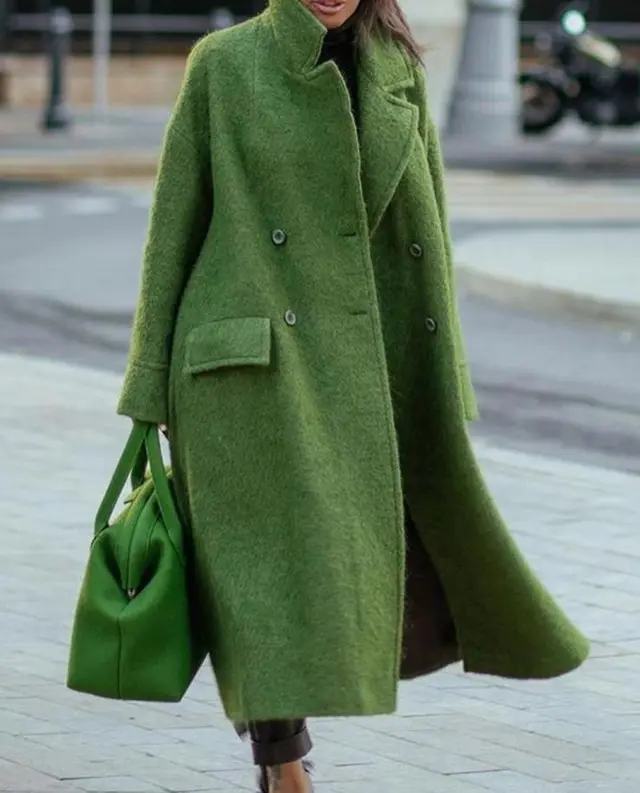 Autumn And Winter Long Woolen Coat Solid Color Green - Shop at LoveMi