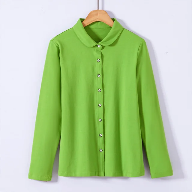 Long Sleeve Shirt Women's Cotton Top Bottoming Shirt Rounded Green - Shop at LoveMi