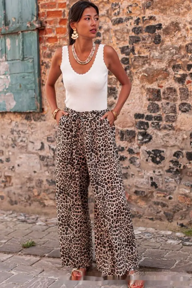Bohemian Leopard Print Wide Leg Pants Camel - Shop at LoveMi