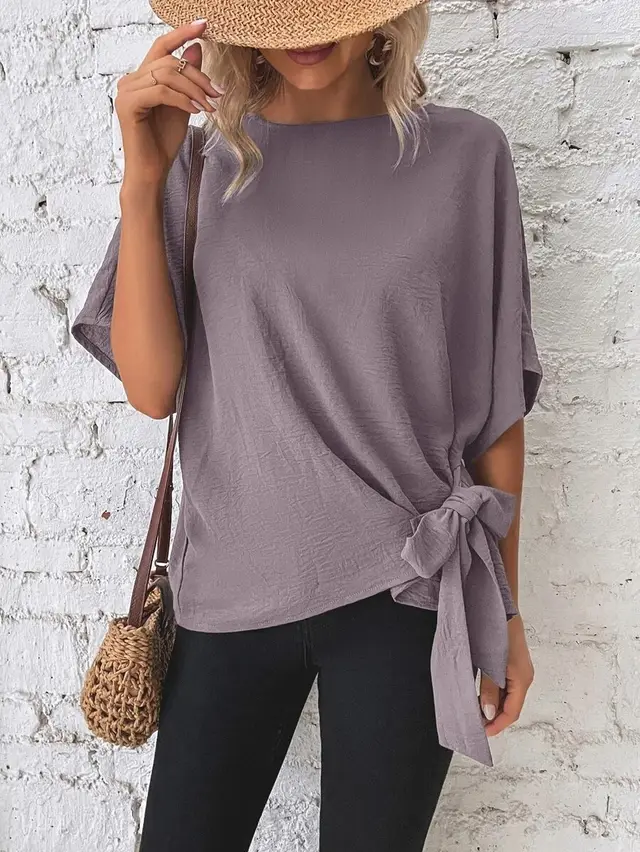 Women's Solid Color Batwing Sleeve Loose Top Greyish Purple - Shop at LoveMi